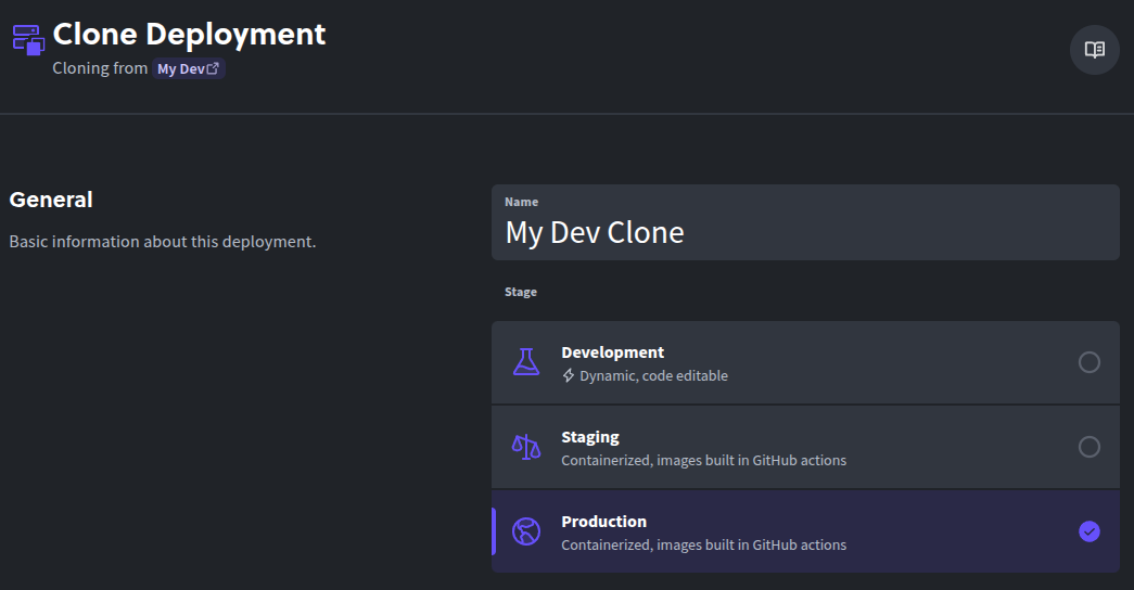 Clone deployment stage selection