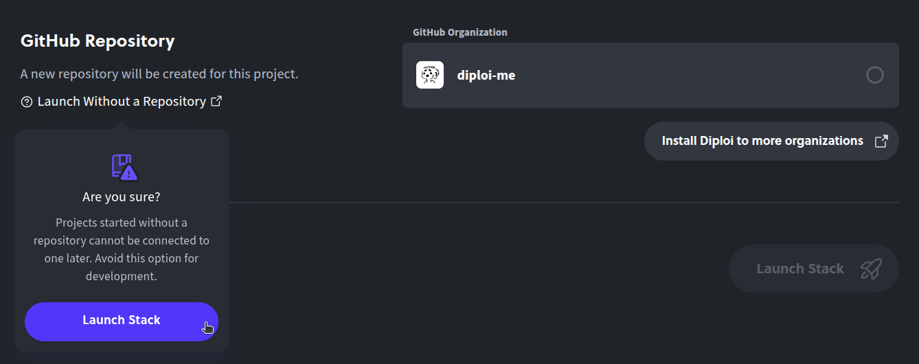 Selection the option to launch a project without a repository