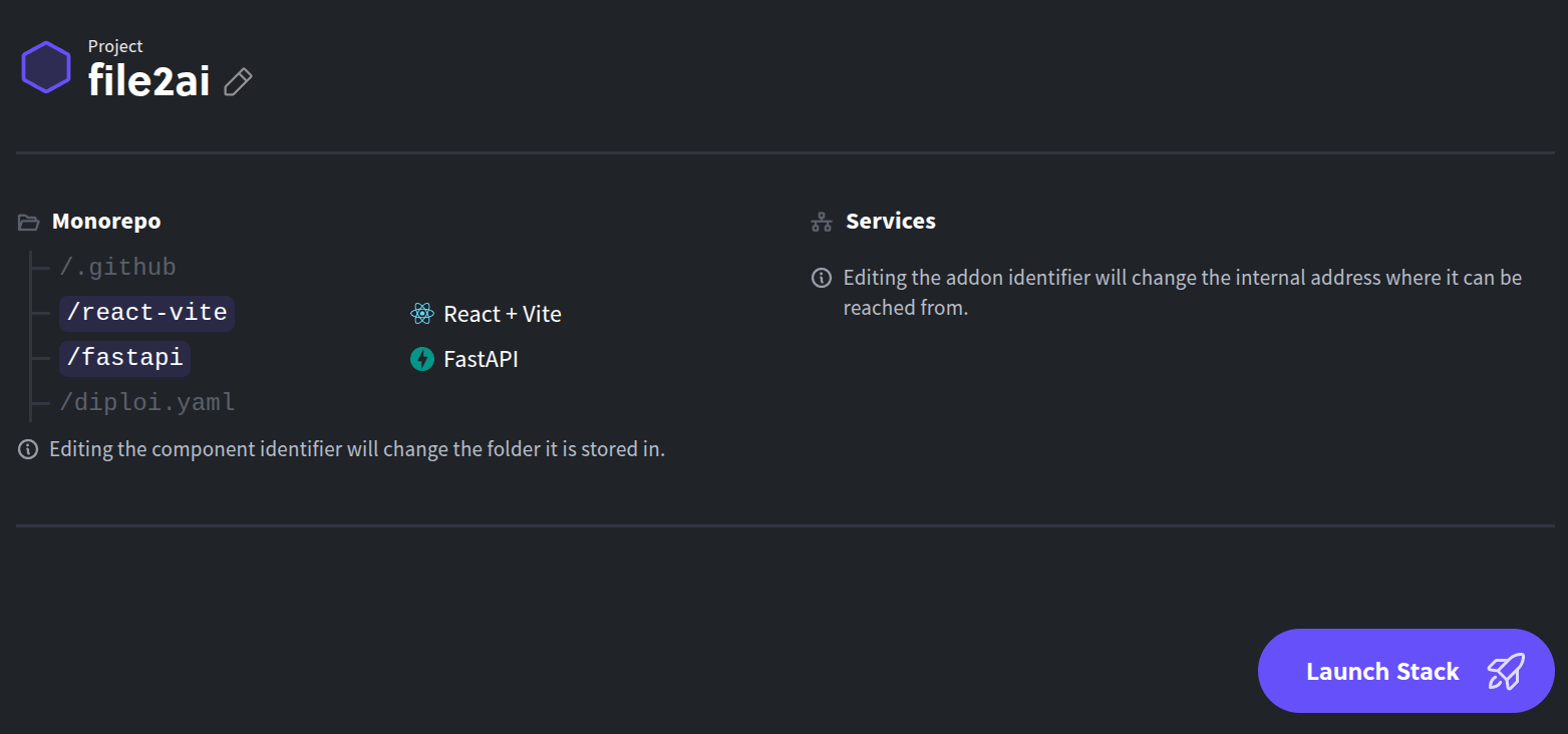 Configuration summary for an imported project, ready to be launched