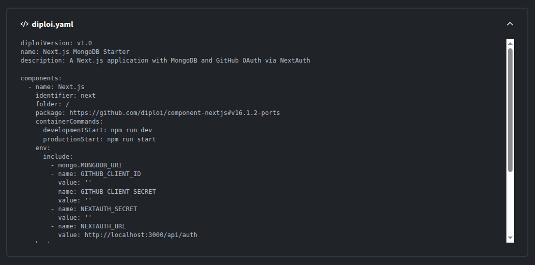 Configuration summary for an imported project, ready to be launched