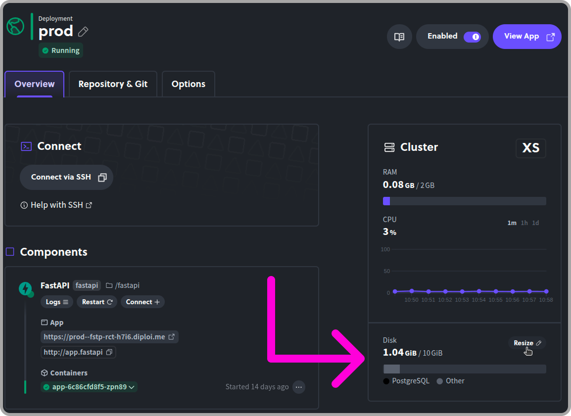 Disk usage monitor with Resize button